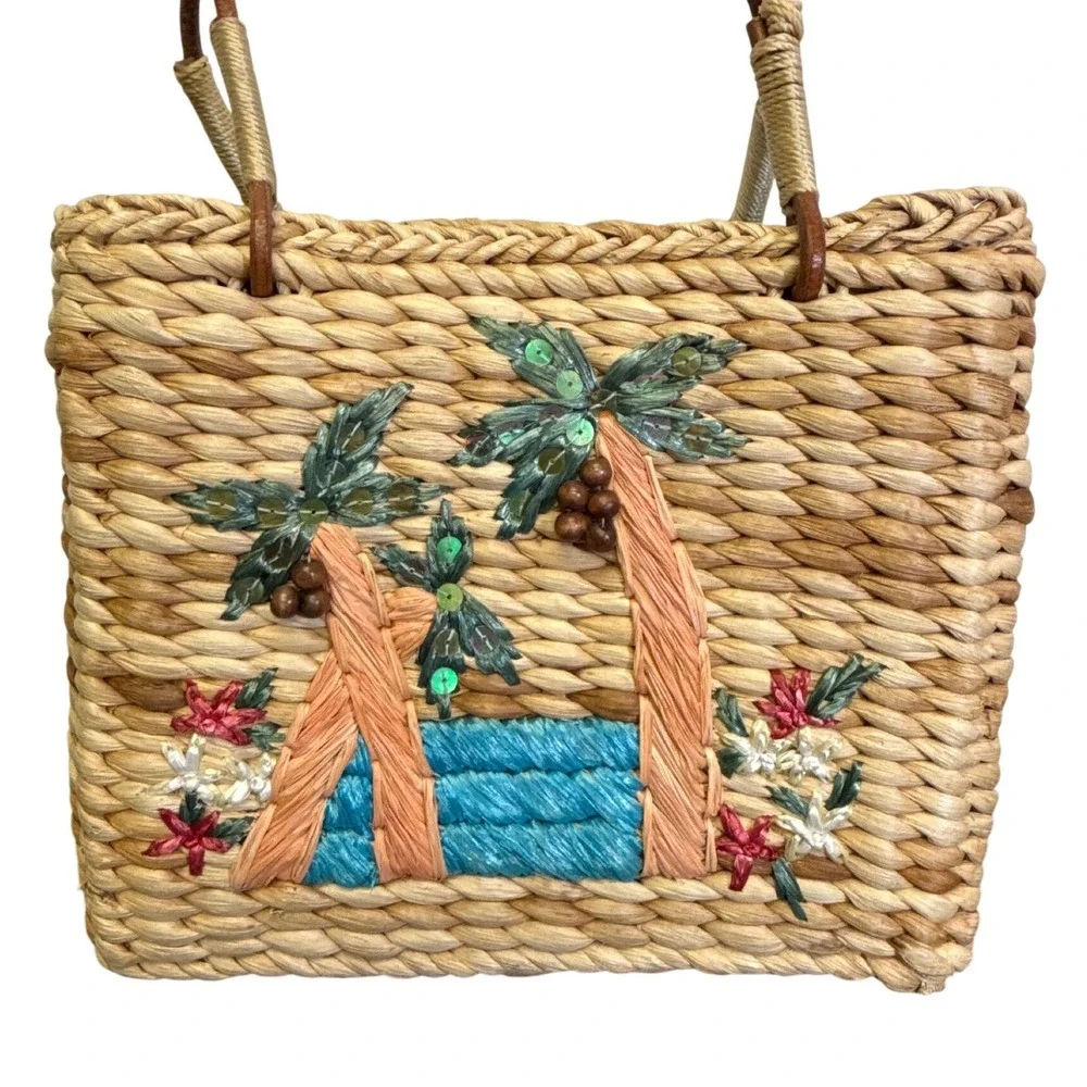 Tropical Palm Tree Embroidered Woven Straw Tote Bag Blue Lining Small Basket